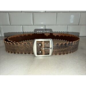 Gap Women's Brown Leather Embossed Silver Buckle Belt Sz M Made In Italy